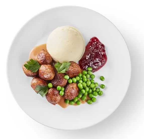 Boulettes à la viande, purée de pommes de terre petits pois/sauce crème et confiture airelles 8 pièces