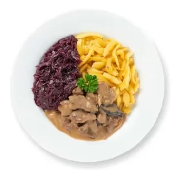 Emincé de cerf avec Spätzli et choux rouge