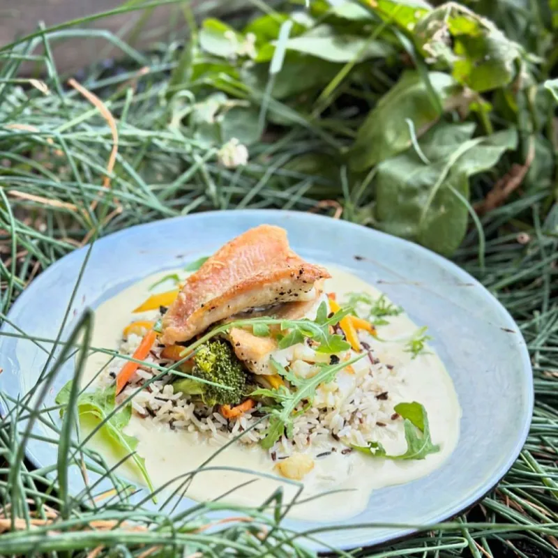 Filet de rascasse de Méditerranée grillé, sauce aux curry vert, riz sauvage et légumes du moment